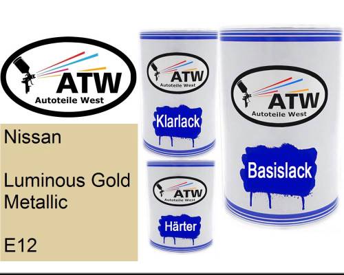 Nissan, Luminous Gold Metallic, E12: 500ml Lackdose + 500ml Klarlack + 250ml Härter - Set, von ATW Autoteile West.